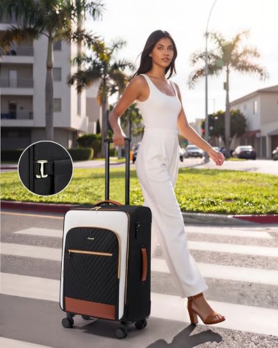 LOVEVOOK Carry On Luggage,24 Inch Carry-on Suitcase for Women,Softside Suitcases with Wheels,Rolling Checked Luggage with TSA Lock,Lightweight Travel - color: Black/White/Brown, size: 24 inch-1pc