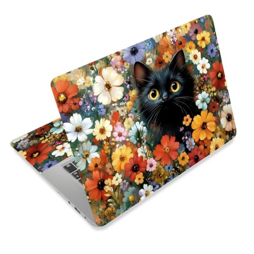 Laptop Skin Sticker Decal for 12 13 13.3 14 15 15.6 in, Universal Vinyl Waterresistant Protector Cover for Notebook PC Netbook, Computer Decor for Women Girls Cat in Wildflowers - color: Cat in Wildflowers