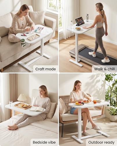 Marsail 32×16″ Overbed Table with Hidden Wheels, Pneumatic Adjustable Bedside Table, Mobile Rolling Table with 360° Hideable Cup Holder, White - color: White, size: 32x16"