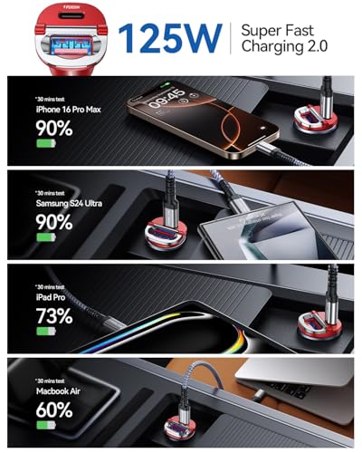 MRGLAS【Upgraded】 125W USB C Car Charger Super Fast Charging for iPhone 17 | [PD65W & QC60W][All Metal] Cigarette Lighter Car Charger,Dual Port for iPhone 16 15 Pro iPad Samsung S25 S24 MacBook-Red - color: Red