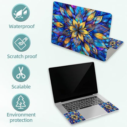 Universal Laptop Skin Decal, 3-Piece Vinyl Protector for 12 13 14 15.6" Notebook, Waterproof Anti-Scratch, Easy Trim & Bubble-Free Finish, Stained Glass Flower - color: Stained Glass Flower