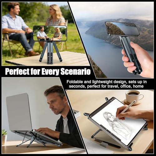 Portable Laptop Stand, 3-in-1 Magnetic Foldable Adjustable, for Desk（Gray） | Aluminum alloy, lightweight compact, 8-level height, ergonomic, for phone/tablet, home office/travel - color: E05-Silver