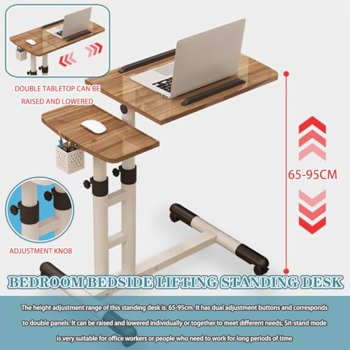Mobile Laptop Desk with Pen Holder, Bedroom Bedside Lifting Standing Desk, Portable Mobile Study Table with Casters, Foldable Storage Side Table(Brown) - color: Brown