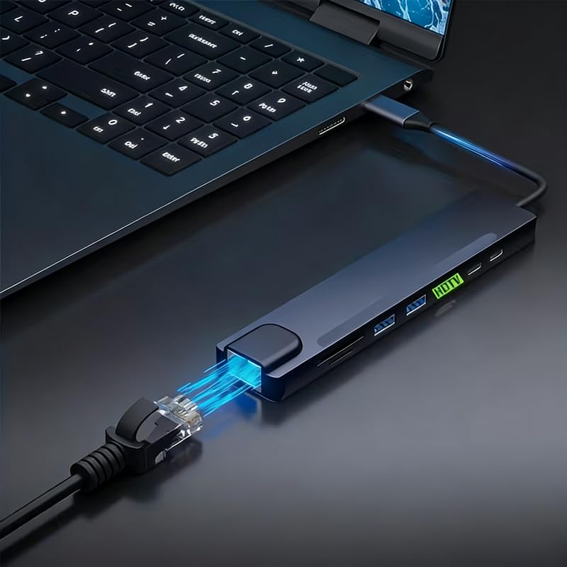 USB-C Hub, 8-in-1 Multiport Adapter with HDTV, USB 3.0, RJ45 Ethernet, SD Card Reader, and USB-C Charging Port