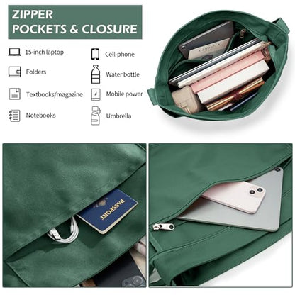 KALIDI Canvas Tote Bag Large Hobo Crossbody Shoulder Handbag Zipper Messenger Bag for Women or Men Casual College Work - color: Alpine Green