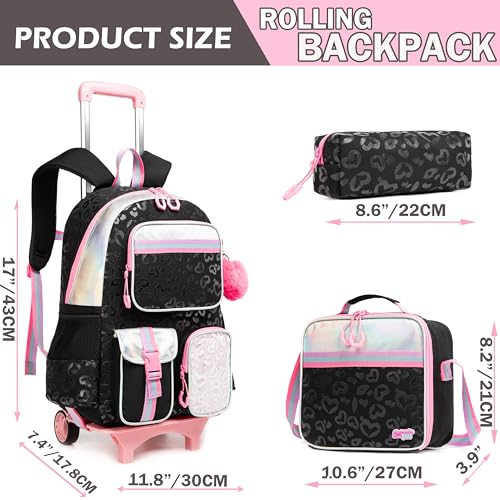 Meetbelify Girls Rolling Backpack with Wheels - Cute Kawaii Carry On Backpack for Elementary Students - Lunch Box Included - Travel Suitcase for Girls 8-10 - color: Love Black