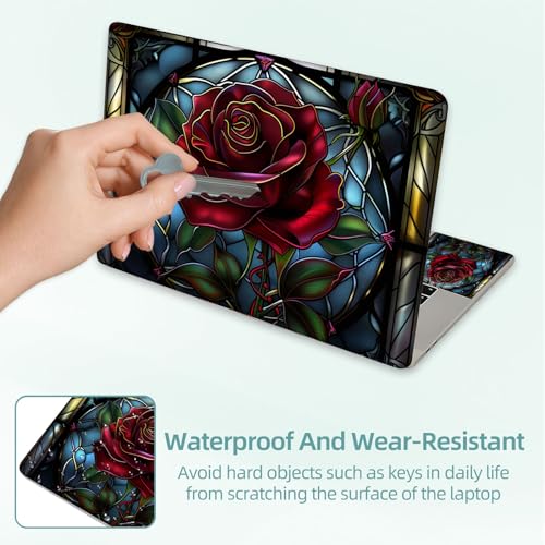 Universal Laptop Skin Decal, 3-Piece Vinyl Protector for 12 13 14 15.6" Notebook, Waterproof Anti-Scratch, Easy Trim & Bubble-Free Finish, Stained Glass Red Rose - color: Stained Glass Red Rose