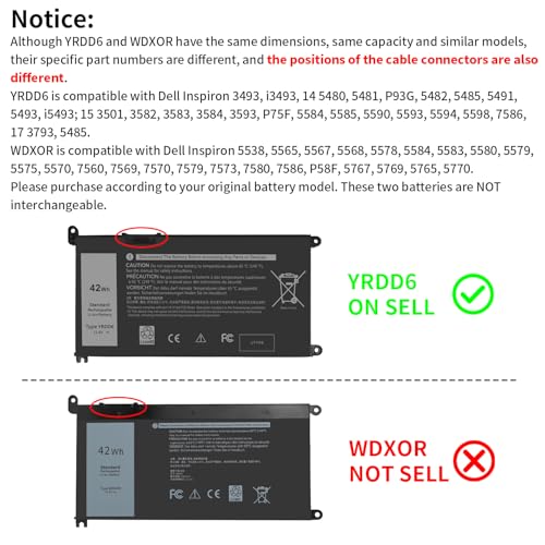 42Wh YRDD6 Battery for Dell Inspiron 15 3582 3583 3584 P75F 3593 5584 5585 | 5590 5593 5594 5598 5582 7586 14 3493 5481 P93G 5482 5485 5491 5482 2-in-1 5493 17 3793 Vostro 5481 5590 1VX1H VM732 OVM732 - size: 6.85*3.5*0.25inch YRDD6