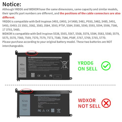 42Wh YRDD6 Battery for Dell Inspiron 15 3582 3583 3584 P75F 3593 5584 5585 | 5590 5593 5594 5598 5582 7586 14 3493 5481 P93G 5482 5485 5491 5482 2-in-1 5493 17 3793 Vostro 5481 5590 1VX1H VM732 OVM732 - size: 6.85*3.5*0.25inch YRDD6