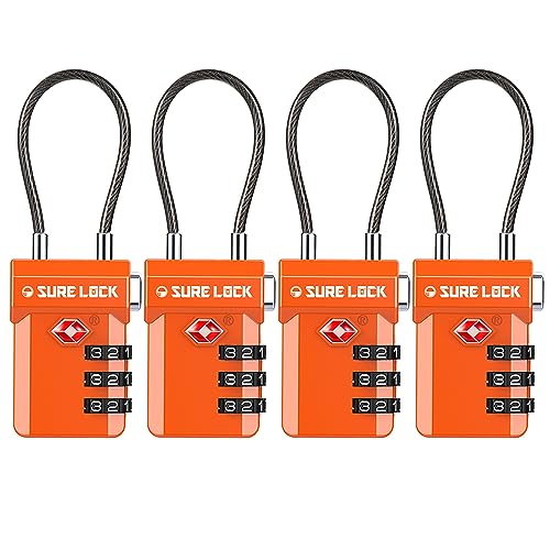 SURE LOCK TSA Approved Luggage Locks with Open Alert Indicator, 3 Digit Combination Cable Travel Lock for Suitcase, Backpack, Gym Locker, Toolbox, Carry On & Travel Bag - color: ORANGE 4 PACK