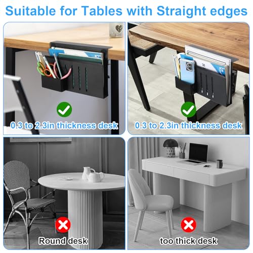 Desk Side Storage, No Drill Laptop Holder with Magnetic Pen Organizer, Clamp On Under Desk Mount for Home Office, Fits Flat Edge Tables 0.3" to 2.8"