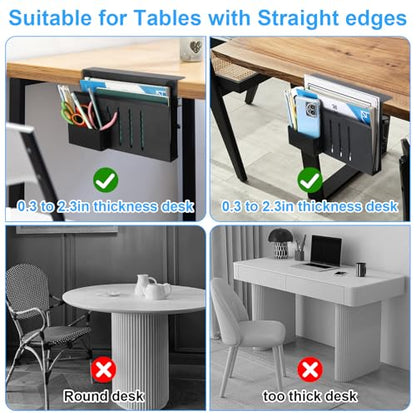 Desk Side Storage, No Drill Laptop Holder with Magnetic Pen Organizer, Clamp On Under Desk Mount for Home Office, Fits Flat Edge Tables 0.3" to 2.8"