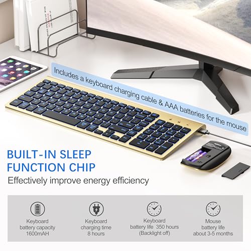Wireless Backlit Keyboard and Mouse Ultra Slim Combo, TopMate 2.4G Silent Compact 2400DPI Mouse and Scissor Switch Keyboard Set, Batteries Included, for PC/Laptop/Windows/Mac/Gaming - BL Gold Black - color: BL Gold Black