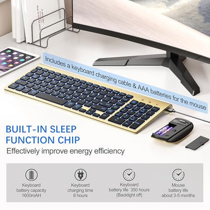 Wireless Backlit Keyboard and Mouse Ultra Slim Combo, TopMate 2.4G Silent Compact 2400DPI Mouse and Scissor Switch Keyboard Set, Batteries Included, for PC/Laptop/Windows/Mac/Gaming - BL Gold Black - color: BL Gold Black