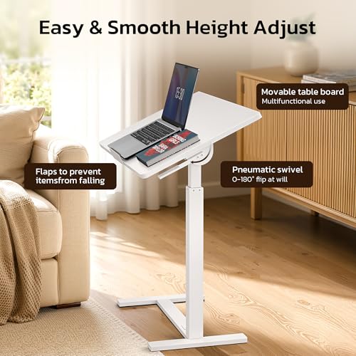 Mobile Standing Desk Adjustable Overbed Table, Pneumatic Height Adjustable Rolling Laptop Desk with Hidden Wheels, 0-180°Tilt Top Rolling Computer Cart Foldable for Home Office, Craft & Study, White