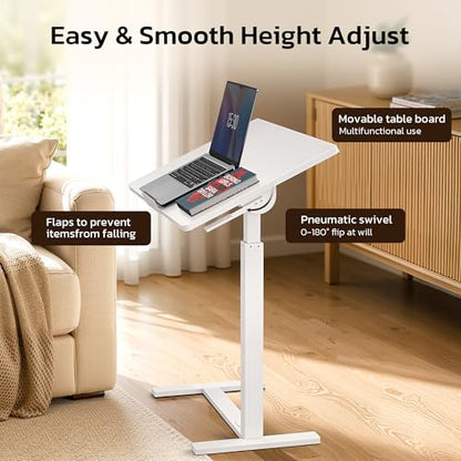 Mobile Standing Desk Adjustable Overbed Table, Pneumatic Height Adjustable Rolling Laptop Desk with Hidden Wheels, 0-180°Tilt Top Rolling Computer Cart Foldable for Home Office, Craft & Study, White