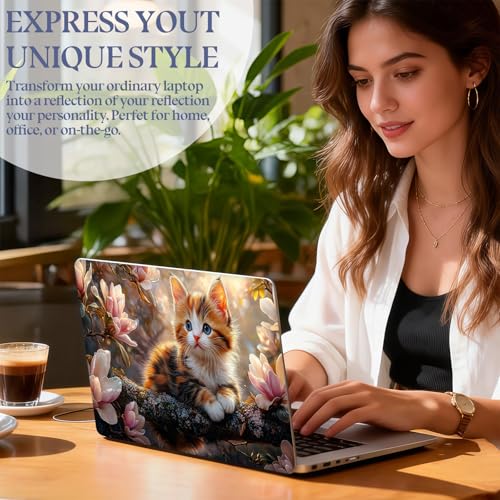 Universal Laptop Skin Sticker Decal,15.6 Inch Laptop Vinyl Cover for 13" 14" 15.6" Laptop,Scratch-Resistant Waterproof Protector Wrap,Reusable with Wrist Pads,Magnolia Cat Branch - color: Magnolia Cat Branch