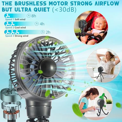 snawowo Mini Portable Stroller Fan, 3000mAh Battery Operated Personal | Small Handheld Fan with Flexible Tripod, 360 Rotate 3 Speed Rechargeable Clip on for Car Seat Crib Treadmill Travel Camping - color: U-Black
