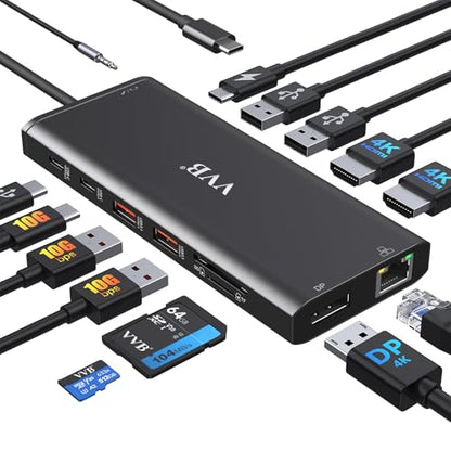 USB C Laptop Docking Station Dual Monitor 14 in 1 USB C Hub Multi Adapter | USB C Dongle Dock 14 in 1 USB C to 2 HDMI 4K+DisplayPort+Ethernet+4USB+2USB C+100W PD Charger+SD/TF for Dell/Lenovo/HP Laptop - color: Black