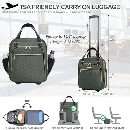EMPSIGN Underseat Carry On Wheeled - 16" Carry on Bag with Wheels Multi-functional Lightweight Rolling Bag Overnight Weekender Small Suitcase for Women Men Travel Business, Army Green-Gold Zipper - color: Army Green-Gold Zipper