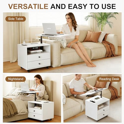 Bedroom Nightstand with Drawers & Charging Station, Adjustable Height Bedside Table with Wheels, Wooden Small Sofa Side Tables with Storage for Living Room, White - color: [A3] White