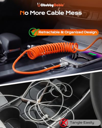 chubbycable Silicone 240H Sag-Free Coiled USB A to C Cable, 1 Pack, Black | Self-Organizing, 6FT USB-C Cable for Car, 120W Fast Charging, 45,000+ Bend Tested, Support Carplay & Android Auto - color: All Black-1 Pack