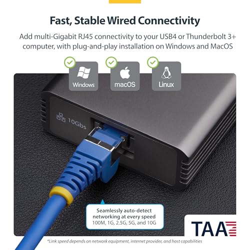 StarTech 10GbE USB4 Ethernet Adapter, Thunderbolt 3/4/5, Multi-Gigabit, TAA | External 10Gb Network Card, 10/5/2.5/1Gbps/100Mbps, Thunderbolt 3/4/5 Compatible, Windows & Mac