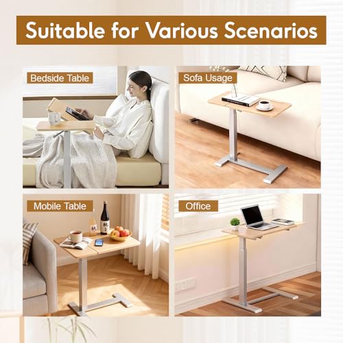 Pneumatic Overbed Table with Wheels, Height Adjustable Bedside Table with Ultra-Low Base for Hospital & Home, Rolling Laptop Cart with Beige Finish - color: Beige