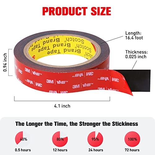 Double Sided Tape Heavy Duty, Adhesive Mounting Tape Waterproof, 16.4 FT x 0.94 IN, Strong Foam Tape for Walls, Automotive, Home Office Decor, Made of 3M VHB Tape (Pack of 1) | Outdoor Waterproof, Stick Foam Mounting Tape for Walls Automotive Trim Home Of