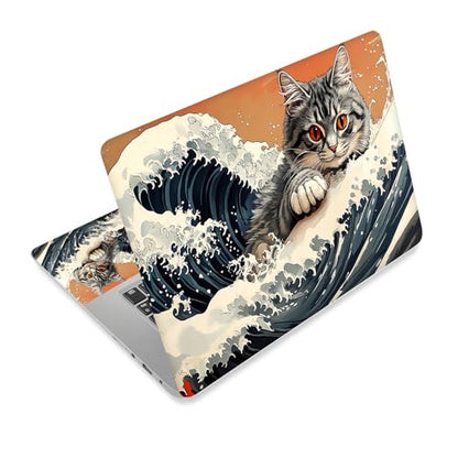 Universal Laptop Skin Sticker Decal,15.6 Inch Laptop Vinyl Cover for 13" 14" 15.6" Laptop,Scratch-Resistant Waterproof Protector Wrap,Reusable with Wrist Pads,Wave Cat - color: Wave Cat