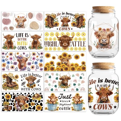 UV DTF Cup Wraps Transfer Stickers Christian Highland Cattle and Sunflower, 10 Sheets Waterproof Custom Vinyl Transfer Sticker 16oz Coffee Glass Cup Tumbler Bottle Mug Decals for Men Women | Waterproof UV DTF Stickers, Custom Vinyl Decals for 16oz Coffee