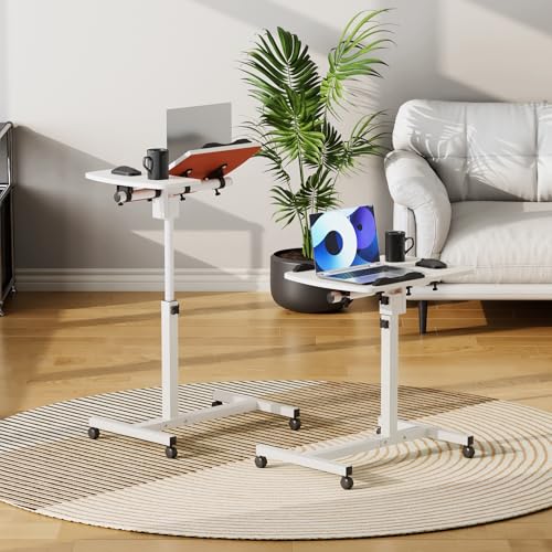 Athena Collection Adjustable Standing Desk with Wheels Overbed Table, White | Height Adjustability(28.5"-39.5"), Smooth-rolling Casters, Rolling Lab Cart with Large Tabletop for Office, Hospital, Clinic - color: White, size: Split Desktop