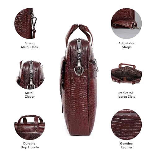 16" Crocodile Embossed Leather Laptop Briefcase, 5 Zipper Pockets, 2 Spacious Compartments, 16x12x4 inches. - color: Classic Brown