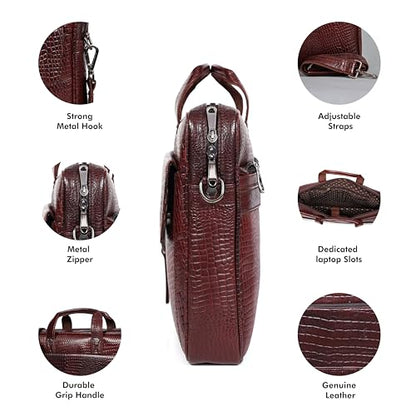 16" Crocodile Embossed Leather Laptop Briefcase, 5 Zipper Pockets, 2 Spacious Compartments, 16x12x4 inches. - color: Classic Brown