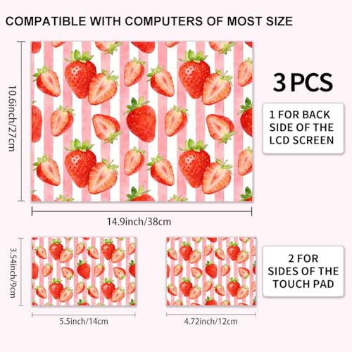3Pcs Strawberry Laptop Skin Sticker Candy Strip Universal Removable Vinyl Stickers Fits for 12.1 13 14 15.6 16 Inch Waterproof Notebook Decal Cover Gift - style: strawberry