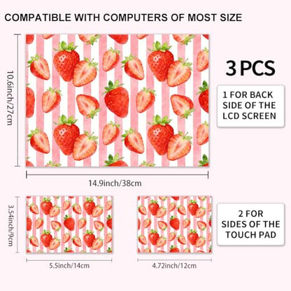 3Pcs Strawberry Laptop Skin Sticker Candy Strip Universal Removable Vinyl Stickers Fits for 12.1 13 14 15.6 16 Inch Waterproof Notebook Decal Cover Gift - style: strawberry