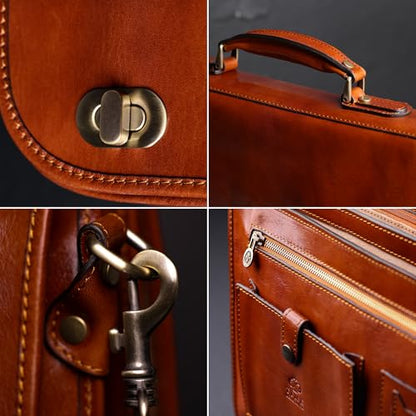 Time Resistance Leather Briefcase for Men - Italian Full Grain Leather Laptop Bag - Messenger Bag - Gift Box Included - color: Brown