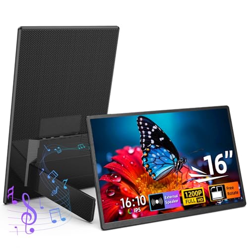 Portable Monitor 16" 1200P FHD Laptop Screen Extender, Horizontal Vertical Monitors with External Speakers, 100% sRGB Plug & Play Computer Gaming Travel Second Screen for Wins Mac Phone PS5 Xbox - size: 16" Monitor-C