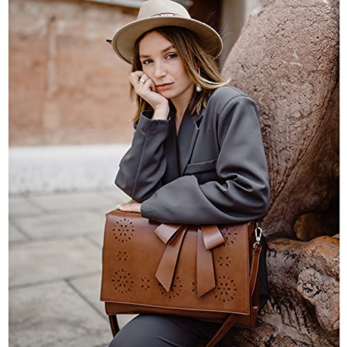 ECOSUSI Women's Briefcase Vegan Leather Laptop Bag for Work Shoulder Computer Satchel Bag with Detachable Bow - color: L-coffee
