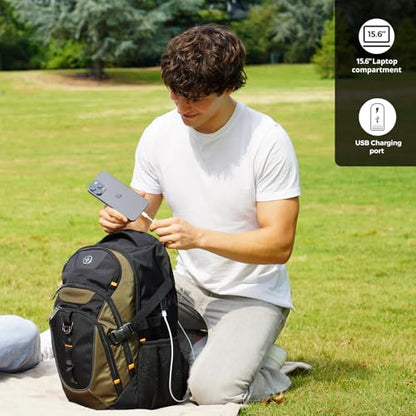 Swissdigital Design Laptop Backpack with USB Charging Port, Travel Backpack Fits 15.6 inches Computer, 31L College School Backpack for Men, Olive/Black | SD803-26 - color: Olive/Black