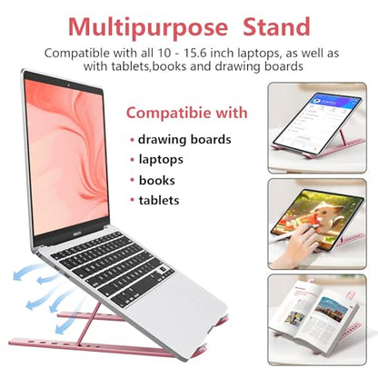 Laptop Stand for Desk, Aluminum Metal MacBook Stand，Computer Riser for Desk, Portable Foldable Adjustable Notebook Holder, Compatible with 10-15.6 Inch Laptops, iPad, Rose Gold. - color: Rose Gold