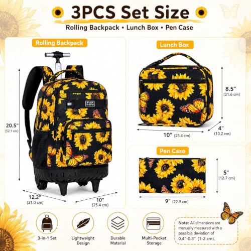 3Pcs Rolling Backpack for Girls, 19 Women Inche Roller Bag with Wheels, Sunflower Wheeled Bookbag Set for Adults(Yellow) - color: Sunflower