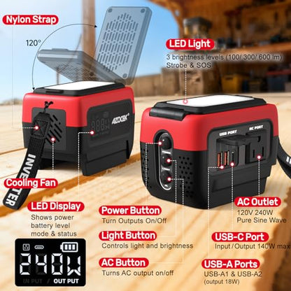 240W Power Inverter Pure Sine Wave Compatible with Milwaukee 18V Battery | No Battery, 7A Fast Charger, 120V AC Outlets, USB-C 140W, 2 QC USB Ports 18W, 600LM LED, Portable Power Station - color: Red
