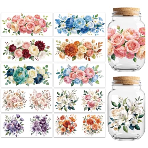 Peacoblue UV DTF Cup Wraps Transfer Stickers Flowers with Roses and Peonies Pattern, 10 Sheets Waterproof Custom Vinyl Transfer Sticker 16oz Coffee Glass Cup Tumbler Bottle Mug Decals for Men Women - style: Flowers with Roses and Peonies