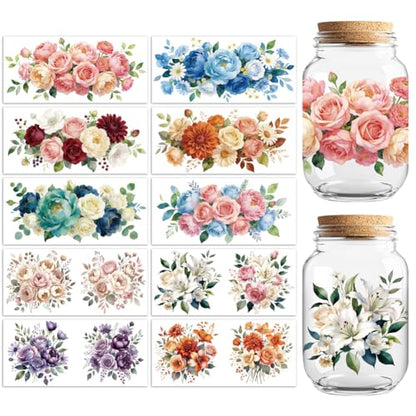 Peacoblue UV DTF Cup Wraps Transfer Stickers Flowers with Roses and Peonies Pattern, 10 Sheets Waterproof Custom Vinyl Transfer Sticker 16oz Coffee Glass Cup Tumbler Bottle Mug Decals for Men Women - style: Flowers with Roses and Peonies