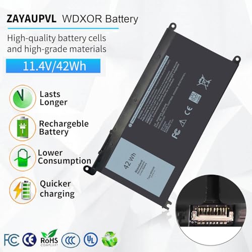 42Wh WDX0R Battery Replacement for Dell Inspiron 13 15 5000 7000 Series | 7573 5570 7579 7378 5567 5565 5379 Latitude 3490 3590 3340 3400 3390 3500 Vostro 5568 P69G P58f P66F WDXOR 11.4V - size: 8*4.5*0.26inch WDX0R
