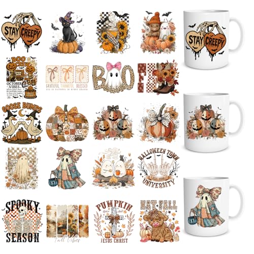 Rngmsi 20 Pcs Vintage Fall UV DTF Cup Wrap UV DTF Stickers for 16 OZ | Vintage Fall, 16 OZ, Autumn Pumpkin Ghost, Waterproof UVDTF Transfer Decals, Glasses Cups Mug DIY Crafts - style: Vintage Fall