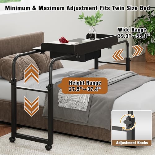 GiftGo Over Bed Table with Wheels, Recliner Table Bed Desk, Adjustable Height and Length Laptop Table with Storage Drawer Metal Leg for Bedroom Home Office Hospital (Black, 39.3" to 55.1") - color: Black