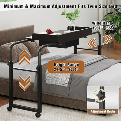 GiftGo Over Bed Table with Wheels, Recliner Table Bed Desk, Adjustable Height and Length Laptop Table with Storage Drawer Metal Leg for Bedroom Home Office Hospital (Black, 39.3" to 55.1") - color: Black