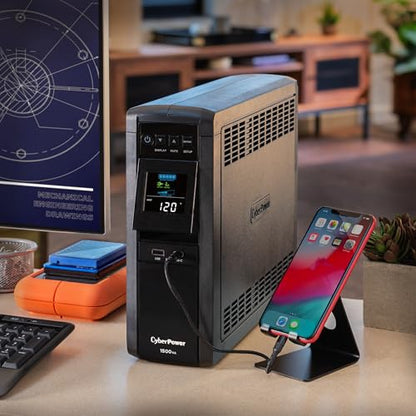 CyberPower CP1500PFCLCD PFC Sinewave UPS Battery Backup and Surge Protector, 1500VA/1000W, 12 Outlets, AVR, Mini Tower, UL Certified | 12 Nema Outlets, Avr, Color LCD, USB a Plus C - size: 1500VA, style: Mini-Tower